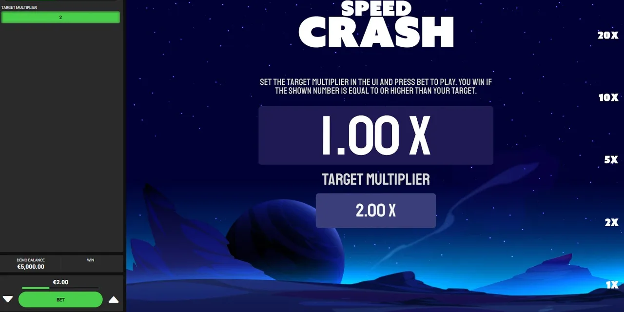 Pantalla de Speed Crash para fijar el multiplicador objetivo antes de lanzar el cohete.
