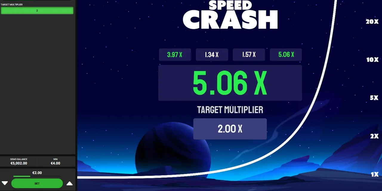 Cohete de Speed Crash volando hacia un multiplicador de 5.06x en tiempo real.