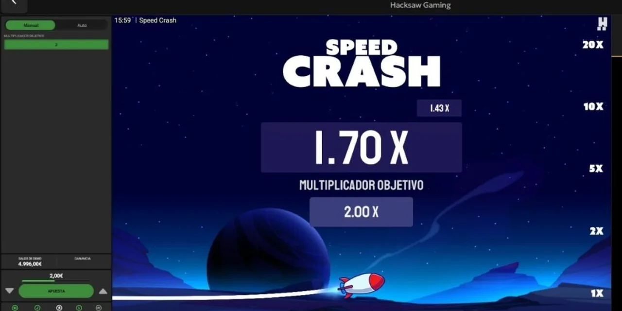Pantalla de Speed Crash con el cohete acercandose al multiplicador objetivo de 1.70x.