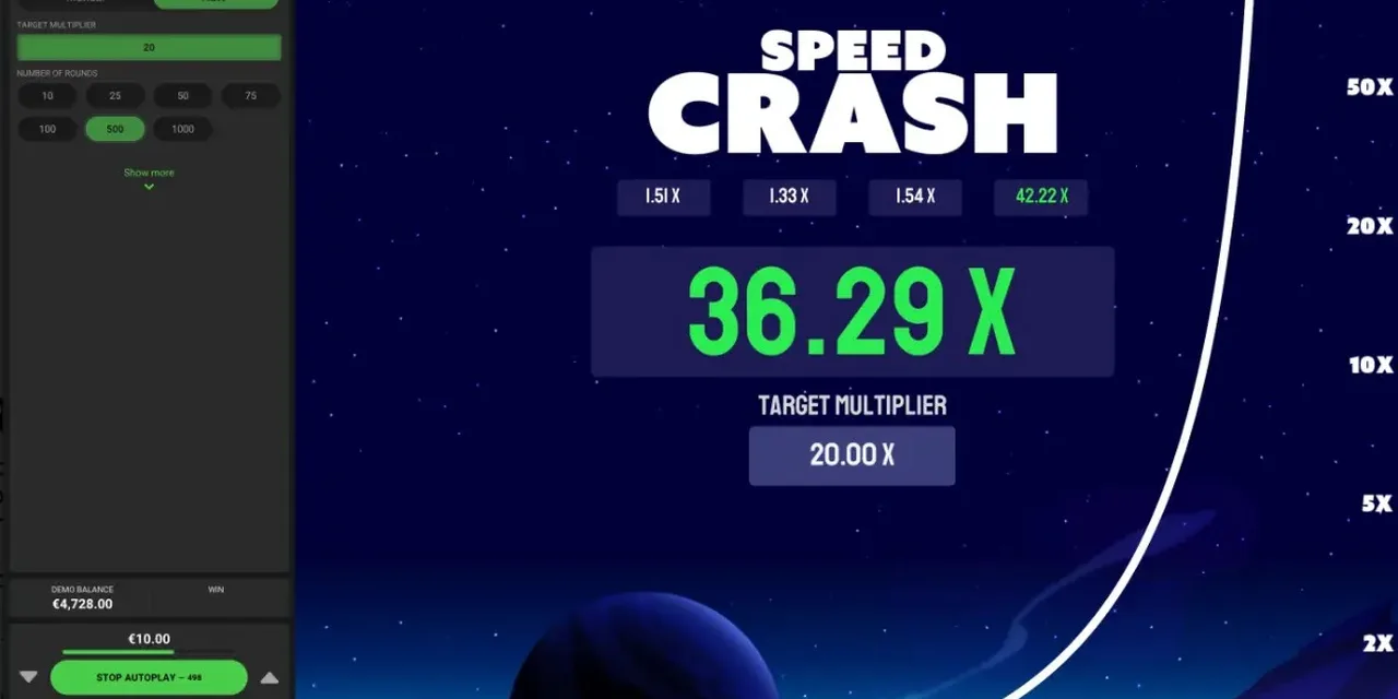 Pantalla de Speed Crash de Hacksaw Gaming con el cohete llegando a un multiplicador de 36.29x.
