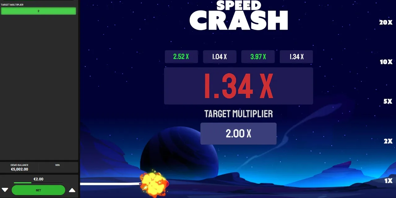 El cohete de Speed Crash explota en el multiplicador 1.34x sin alcanzar el objetivo.