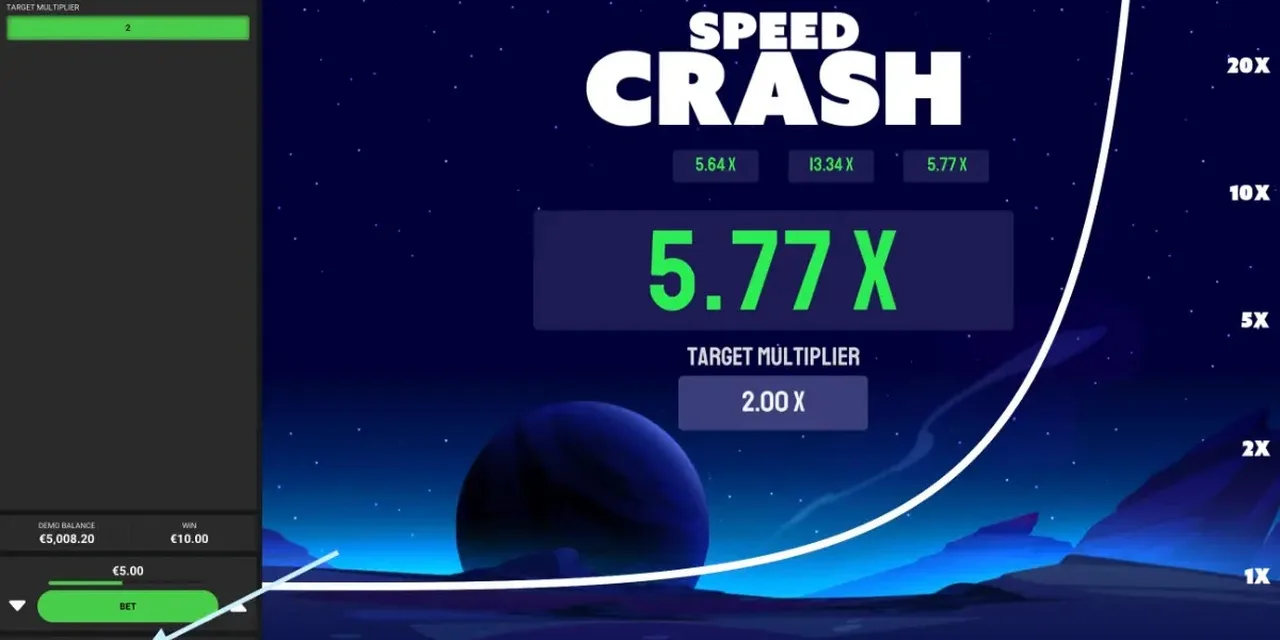 Cohete de Speed Crash ascendiendo hasta un multiplicador de 5.77x sobre fondo espacial.
