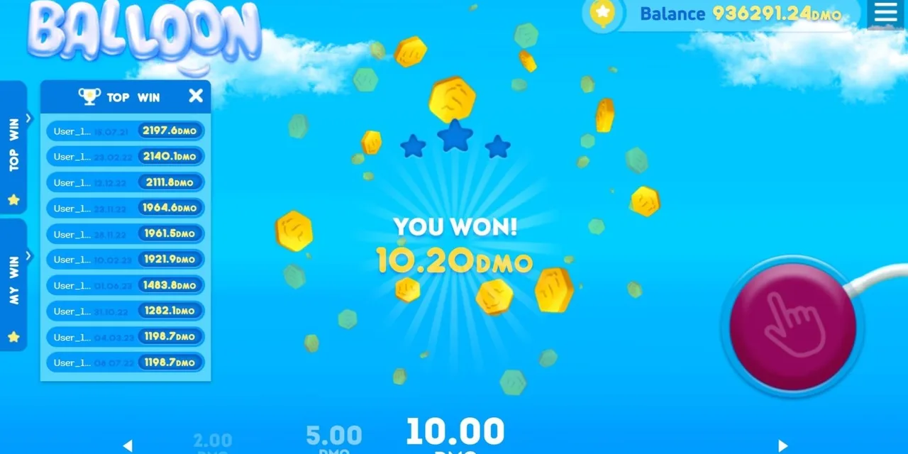 Pantalla de victoria en Balloon con el mensaje ganaste tras un multiplicador exitoso.
