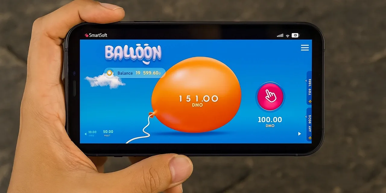 Celular en mano mostrando una partida de Balloon de SmartSoft Gaming en curso.
