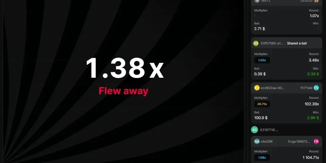 Ronda de Astronaut que revienta en 1.38x, con el aviso Flew away en pantalla.