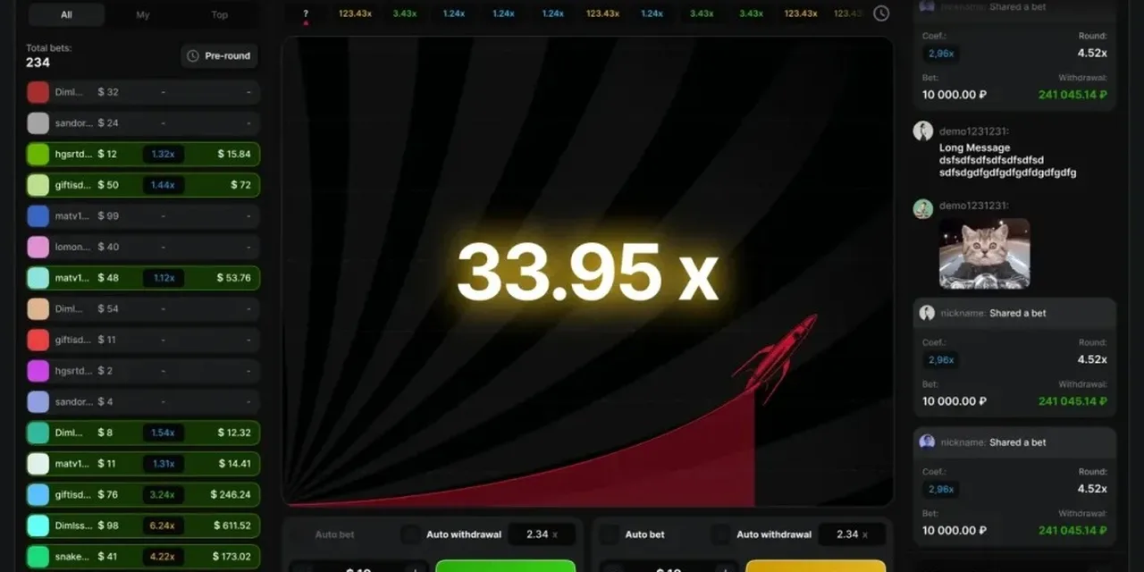 Ronda de Astronaut con el cohete llegando a 33.95x, junto al panel de apuestas de otros jugadores.