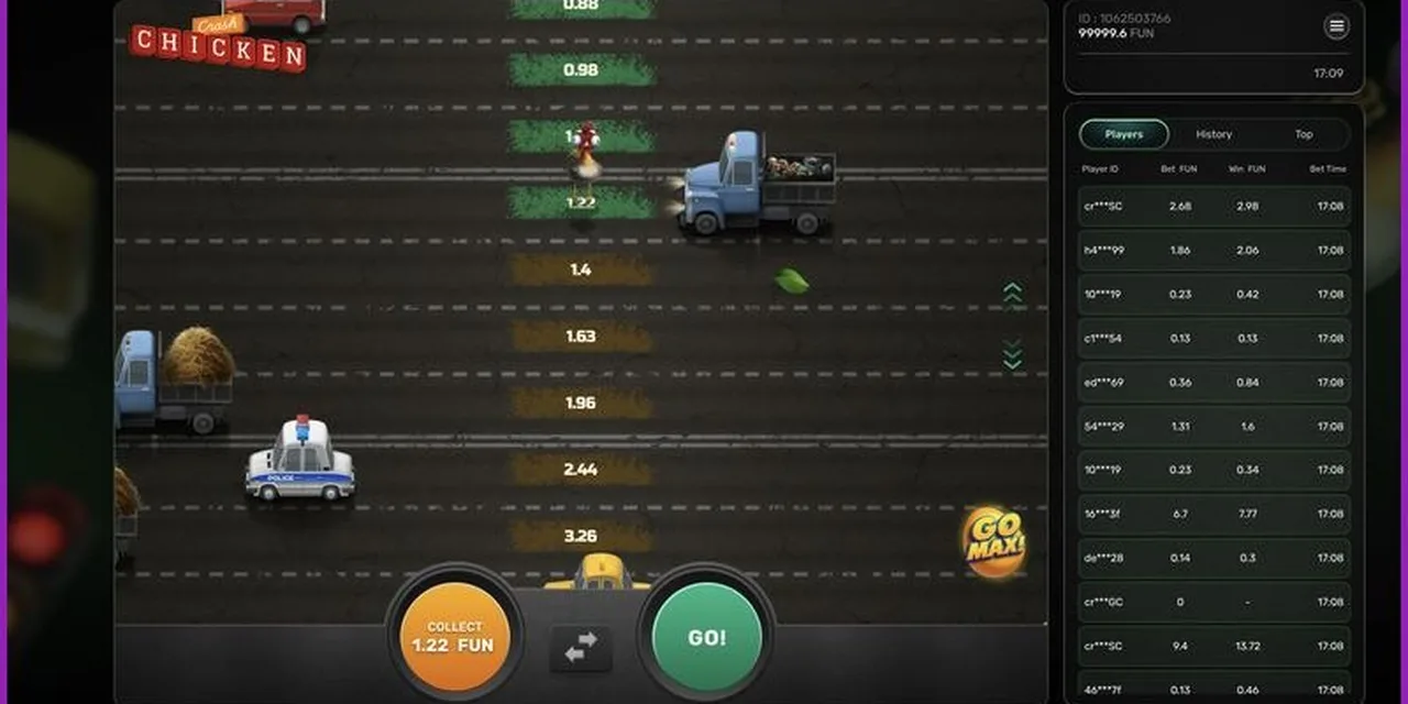 Pantalla de Chicken Crash con la gallina cruzando la carretera y la escala de multiplicadores.