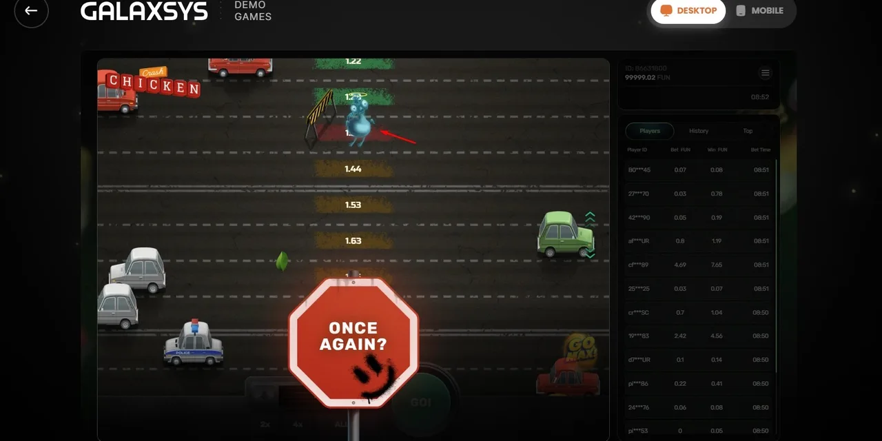 Pantalla de fin de ronda de Chicken Crash con el aviso Once Again tras el choque.