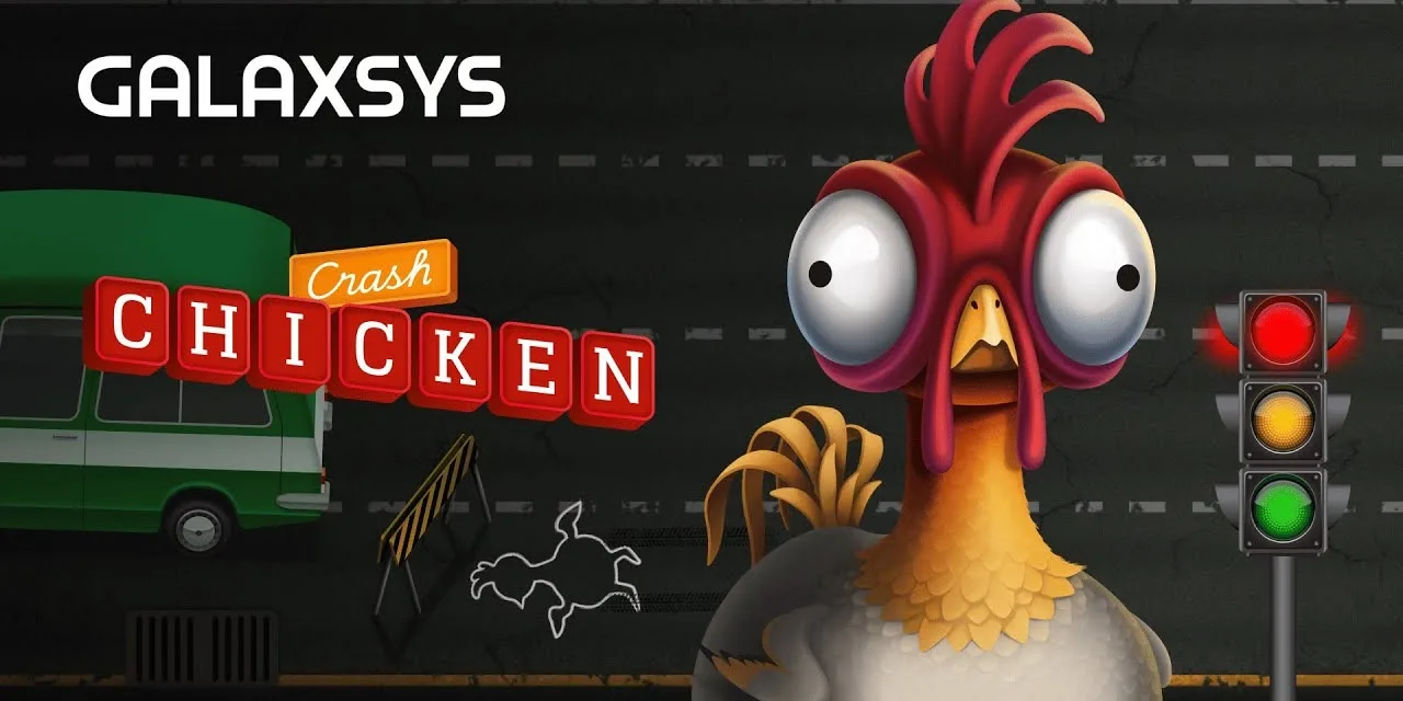 Pantalla de presentación de Chicken Crash de Galaxsys con la gallina protagonista del juego.