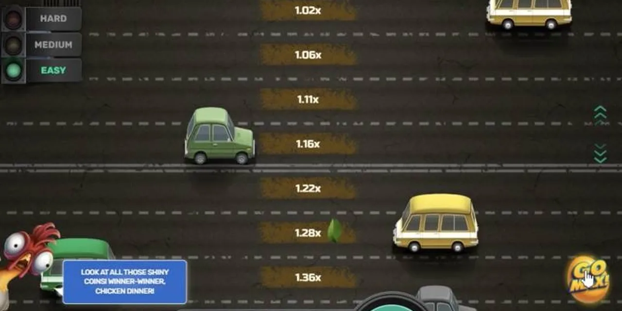 Modo Easy de Chicken Crash con la carretera y la escala de multiplicadores desde 1.02x.