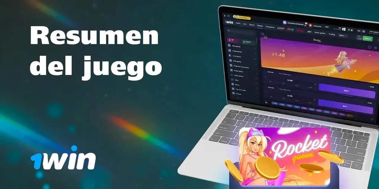 Panel de 1win con Rocket Queen abierto en la laptop, vista general del juego.