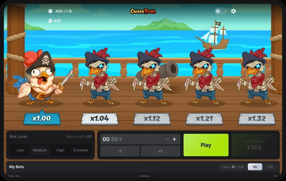 Captura de juego de Chicken Pirate, juego crash de 100HP Gaming disponible en 1win