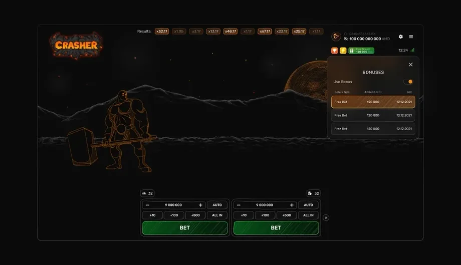 Captura de juego de Crasher, juego crash de Galaxsys disponible en 1win