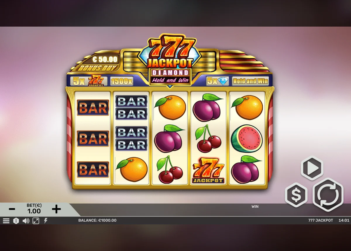 los rodillos con diamantes y símbolos de jackpot de 777 Jackpot Diamond Hold and Win, con el balance, la apuesta y las líneas de pago del jackpot visibles tras una tirada