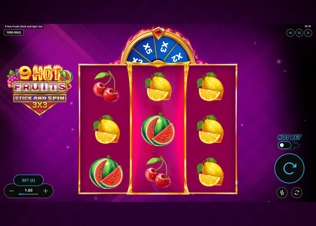 los tres rodillos de 9 Hot Fruits Stick and Spin 3x3 con frutas y la Rueda Multiplicadora arriba marcando x2, x3 y x5