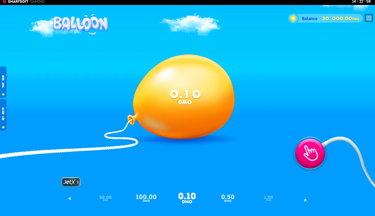 Captura del modo demo de Balloon: el globo inflándose con la apuesta de 0,10 escrita encima y el selector de montos abajo