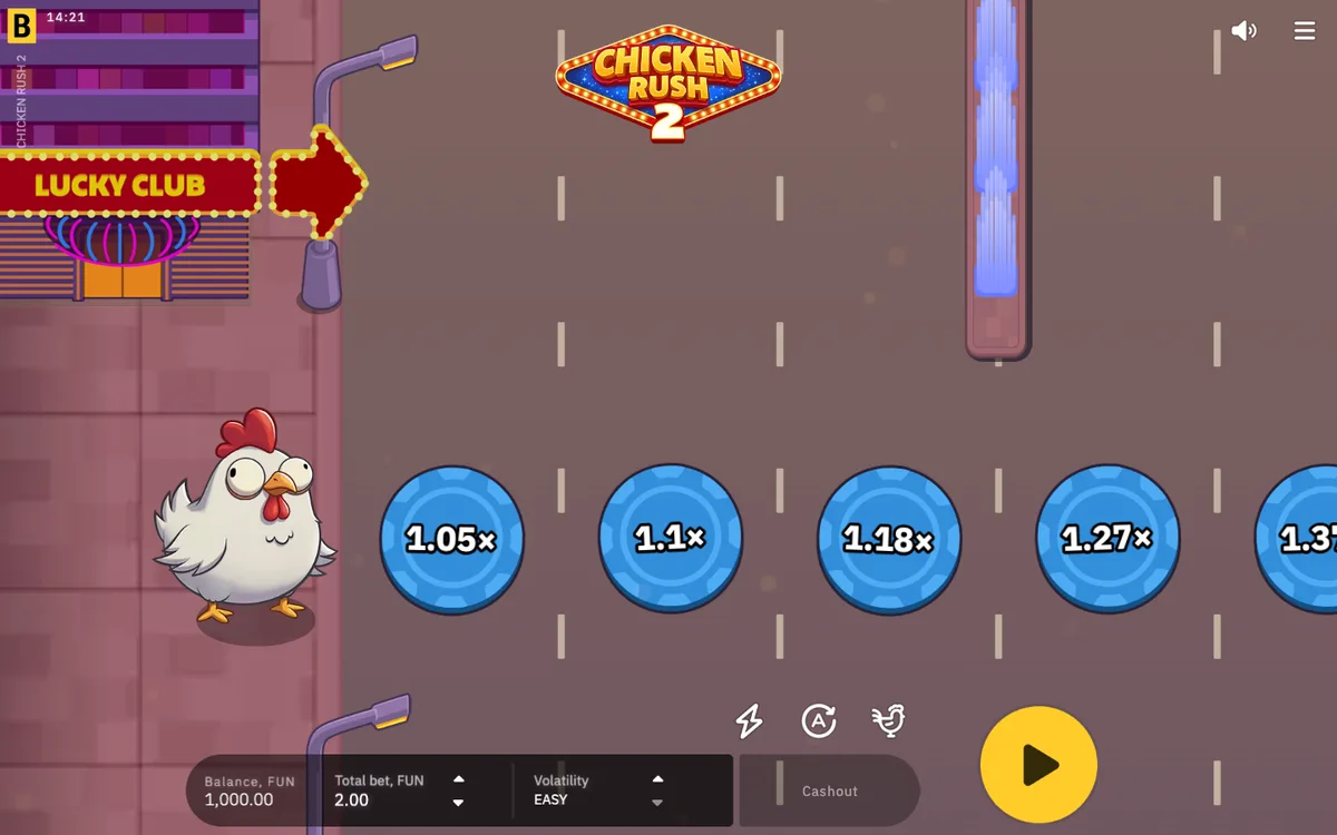 Captura del modo demo de Chicken Rush 2: la gallina frente a la fila de fichas x1,05, x1,1, x1,18 y x1,27, con la volatilidad en Easy y el botón de retirar
