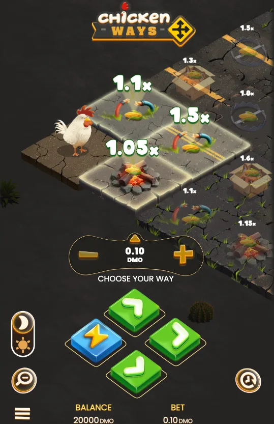 Captura del modo demo de Chicken Ways: el tablero isométrico con la gallina y los caminos marcados x1,05, x1,1 y x1,5, más las flechas de dirección
