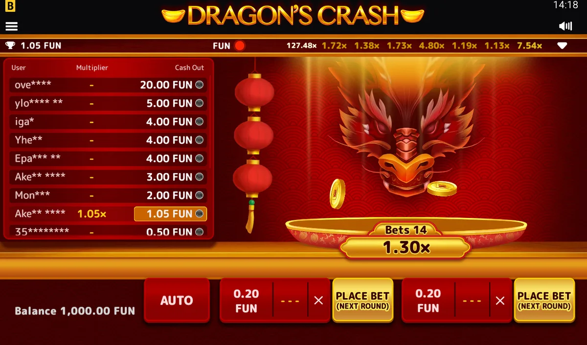 Captura del modo demo de Dragon's Crash: la mesa del dragón con el multiplicador en x1,30, catorce apuestas activas y el historial de rondas arriba