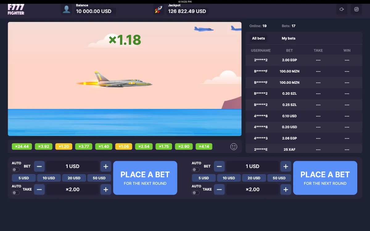 Captura del modo demo de F777 Fighter: el avión de combate sobre el mar con el multiplicador en x1,18 y la lista de apuestas de los jugadores a la derecha