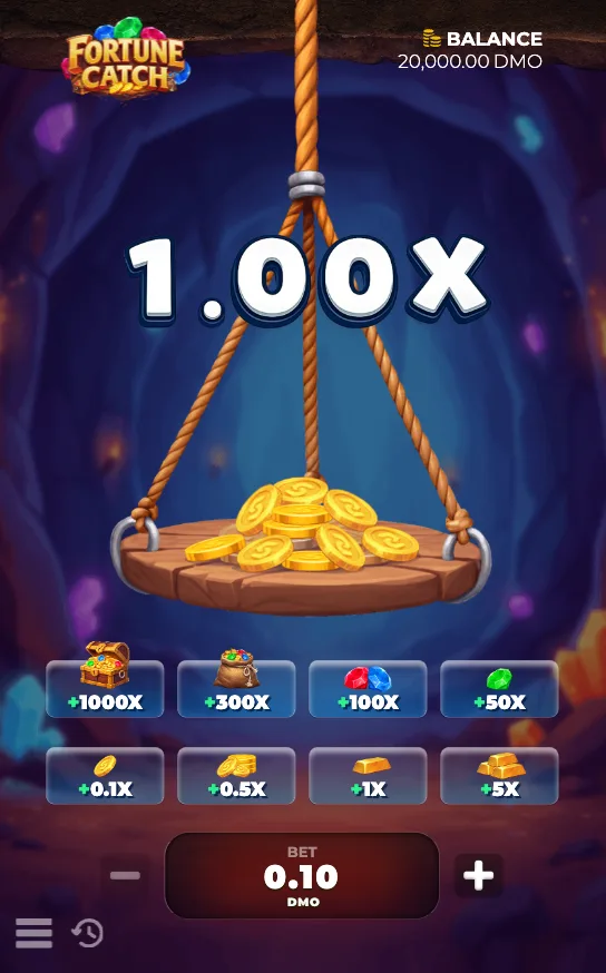 Captura del modo demo de Fortune Catch: la plataforma con monedas y el multiplicador en 1,00X, con los premios de +0,1X a +1000X listados abajo