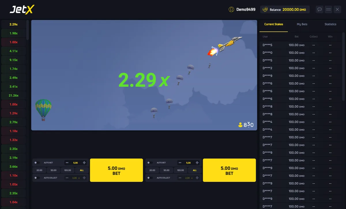 Captura del modo demo de JetX: el avión de JetX subiendo con el multiplicador en 2,29x, el historial de rondas a la izquierda y las dos apuestas abajo