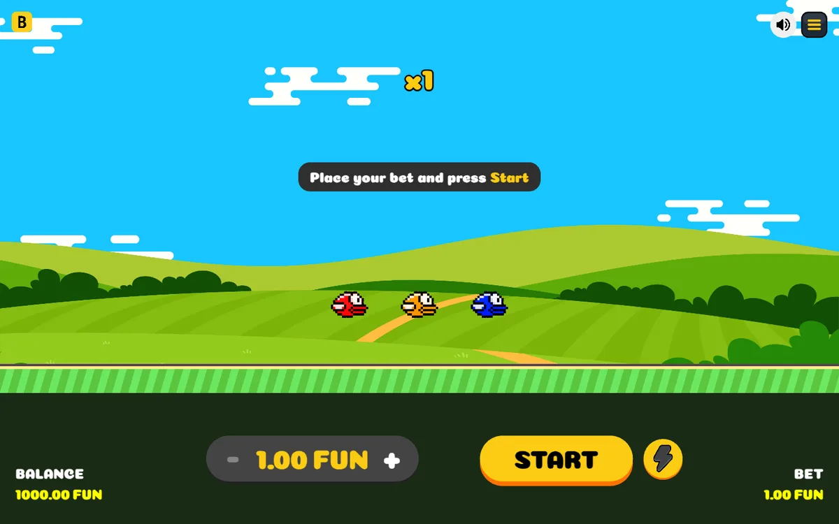 Captura del modo demo de Lucky Birds: los tres pájaros a elegir antes de la ronda, con la apuesta en 1,00 y el botón Start