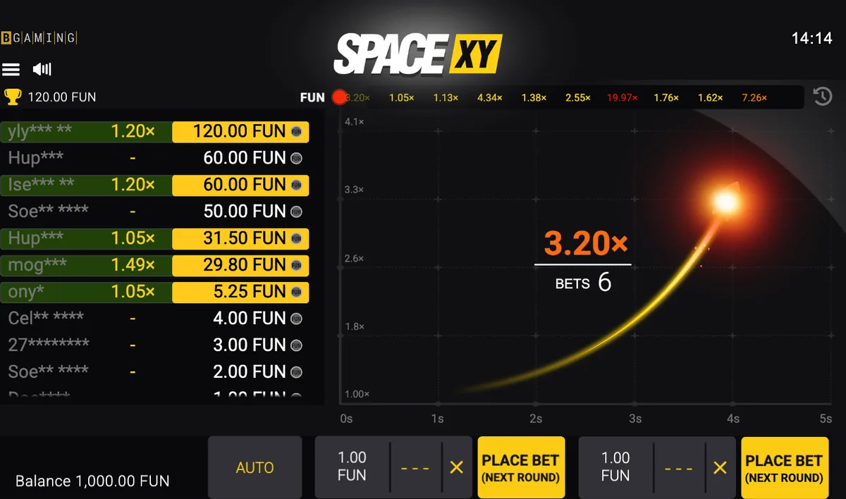 Captura del modo demo de Space XY: el cohete en pleno vuelo con el multiplicador en x3,20 y la lista de apuestas de la ronda a la izquierda