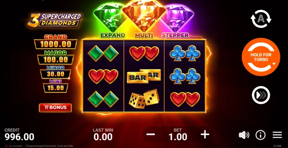 Captura del juego 3 Supercharged Diamonds: Hold and Win, tragamonedas de Playson disponible en 1win