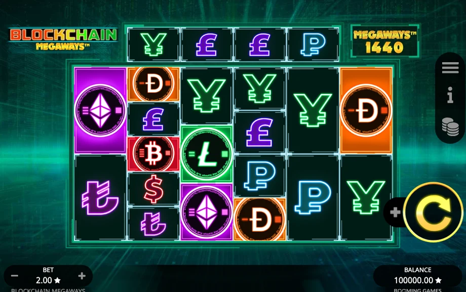 Captura del juego Blockchain Megaways, tragamonedas de Booming Games disponible en 1win