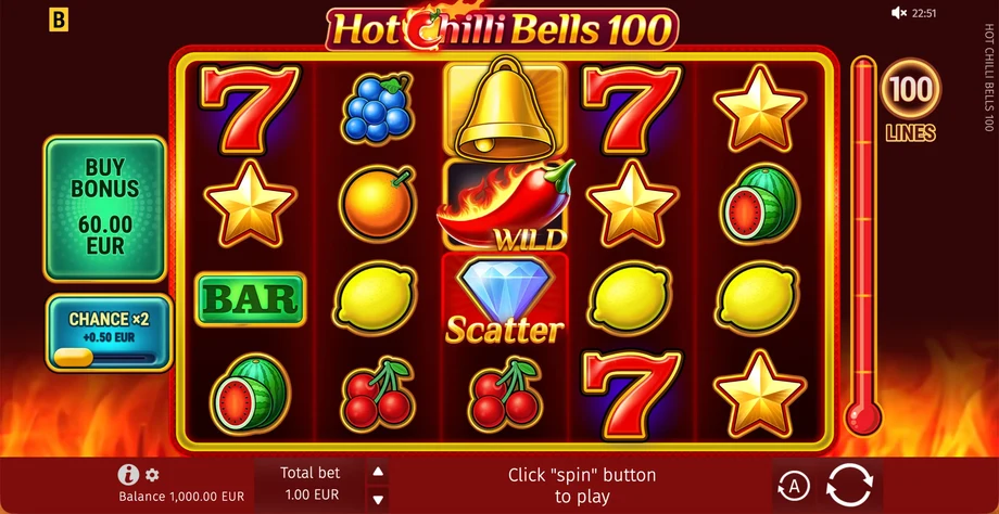 Captura del juego Hot Chilli Bells 100, tragamonedas de BGaming disponible en 1win